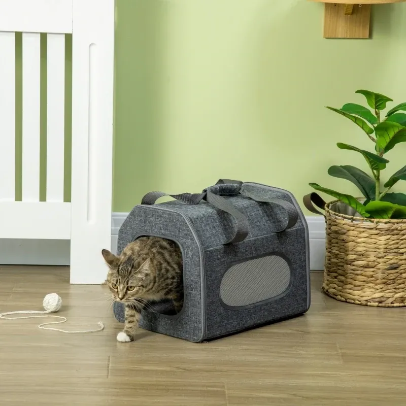Transporttasche für Katzen und Hunde, faltbar, mit Liegekissen, Netzfenster, Kratzmatte, grau,