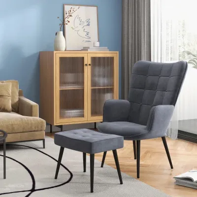 Sessel mit Ottomane, Relaxsessel. Knopfheftung, Dunkelgrau