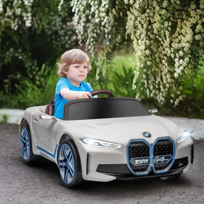Kinderauto BMW i4 aufladbarer Akku, 3-5 km/h, mit Fernbedienung, Multimedia-Player, weiss