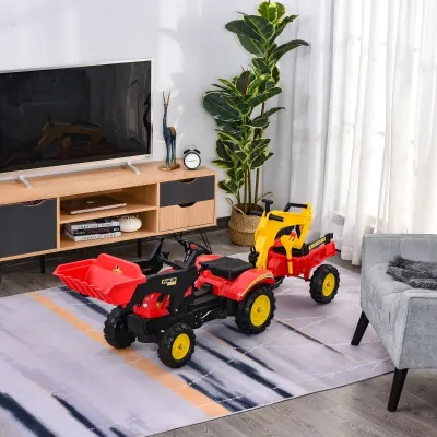 Tretauto mit Frontlader Traktor + Bagger für Kinder Rot