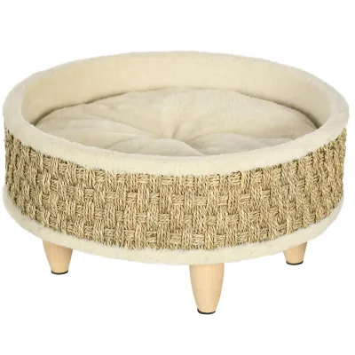 Hundebett, Katzenbett de Luxe mit Seegras, waschbares Kissen, 48 cm x 48 cm x 24,5 cm, Beige + Khaki - Natur