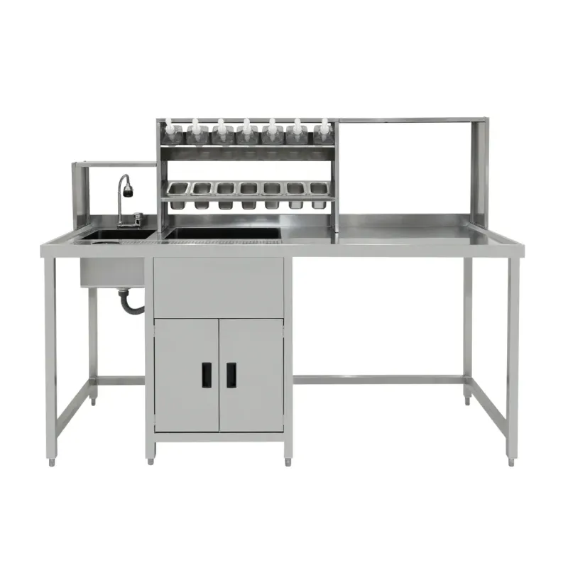 Bubble Tea Vorbereitungsstation aus Edelstahl | Spülbecken, 65 l Eisbrunnen, 7 GN‑Behälter &amp; 7 Sirup‑Pumpen