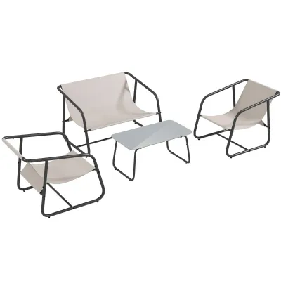 4-teilige Gartenmöbel-Set Loungemöbel, 1 Sofa, 2 Sessel, 1 Tisch, Cremeweiss + Schwarz