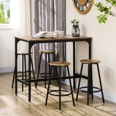 5-tlg. Bartisch-Set im Industriedesign, Sitzgruppe, Küchentresen, Schwarz + Braun