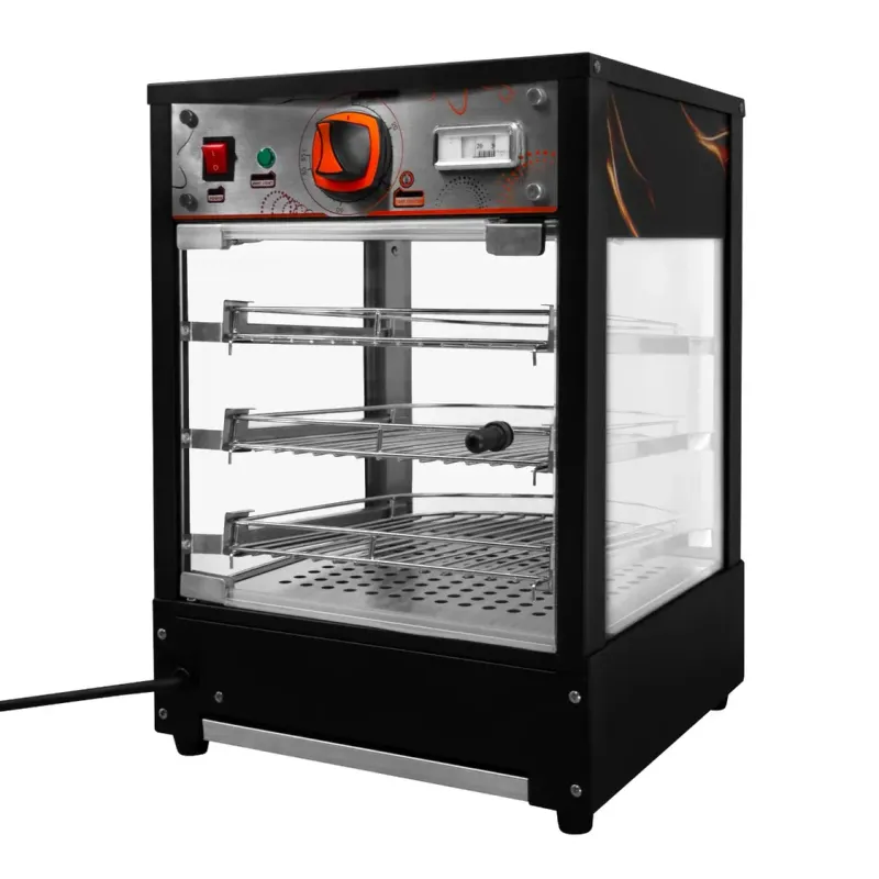 Speisenwärmer Pizza Vitrine – schwarz, 500W, 30–85°C, 3 Böden, Glas