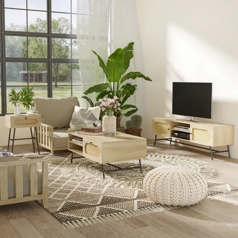 TV-Bank, Lowboard, zwei Schrankfächer, zwei Regalfächer, Rattan-Dekor