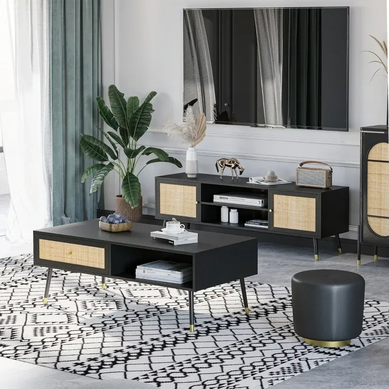 TV-Bank im Boho-Design, TV-Schrank, Rattanelemente, Schwarz + Natur
