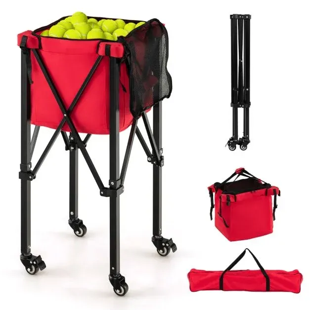 Zusammenklappbarer Tennisballwagen mit Rädern abnehmbarer Taschen Ballwagen für 150 Tennisbälle Rot
