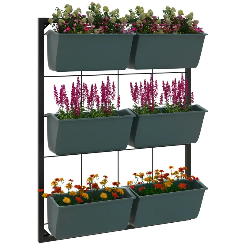 Vertikales Blumenregal mit 3 Etagen und 6 Blumenkästen für Wandmontage Vertikales Blumenregal mit 3 Etagen und 6 Blumenkästen für Wandmontage