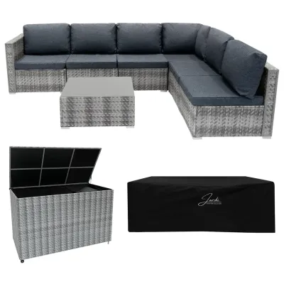 Rattan Gartenmöbel Set schwarz – 7‑teilig modular mit 996L Aufbewahrungsbox + Regenschutz