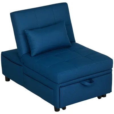 3-in-1 Klappsessel mit Seitentasche, Gästebett mit Kissen, Verstellbarer Rückenlehne, Bettsessel mit Rollen, Blau