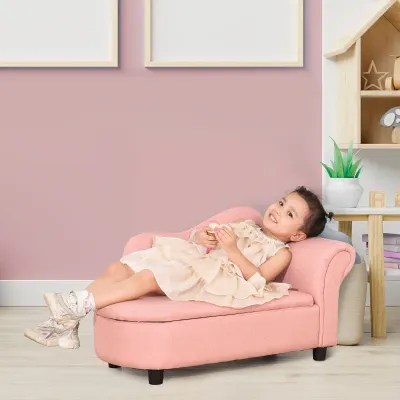 Kindersofa, Récamiere, verstecktes Staufach, Rahmen aus Eukalyptusholz, rosa,