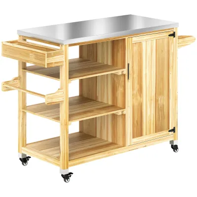 Outdoor-Kücheninsel, Grillwagen mit Schrank und Regalen, Küchenwagen aus Holz und Edelstahl Outdoor-Kücheninsel, Grillwagen mit Schrank und Regalen, Küchenwagen aus Holz und Edelstahl