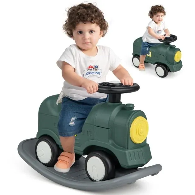 3 in 1 Schaukelpferd Schaukeltier &amp; Rutschauto Lokomotive mit Abnehmbarem Balance Board Grün Zug