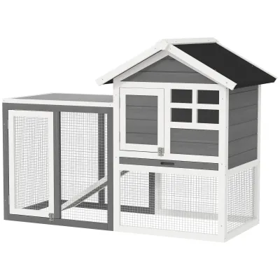 Kaninchenstall, Hasenstall mit Asphaltdach, Kleintiergehege, 156 x 58 x 68 cm, Hellgrau