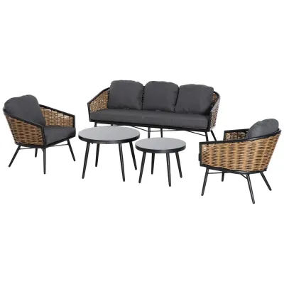 Gartenmöbel-Set aus PE-Rattan, Lounge-Set, 5tlg., Schwarz +Braun + Grau