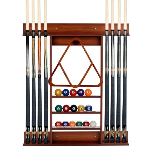 Billard-Pool-Queue-Rack Wandbefestigter Billardstockhalter für 8 Queues 15 Billardkugeln Braun