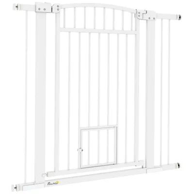 Hundesicherheitsgitter 76–104x95 cm, weiss, Doppelverriegelung, mit Katzentür, Druck-/Bohrmontage