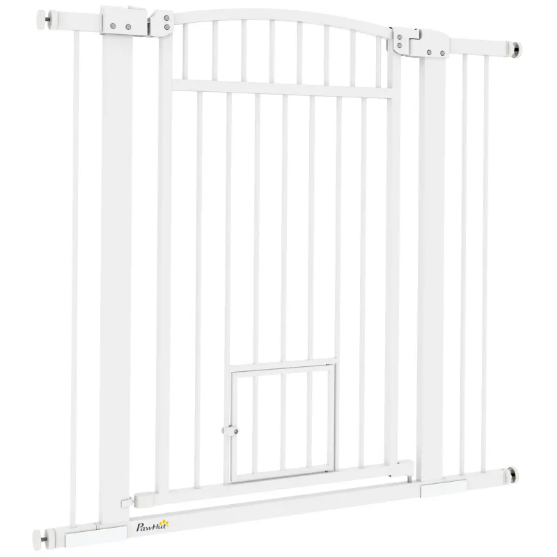 Hundesicherheitsgitter 76–104x95 cm, weiss, Doppelverriegelung, mit Katzentür, Druck-/Bohrmontage