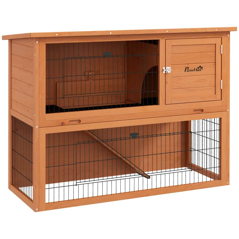 Kaninchenstall, Hasenstall aus Holz 2 Etagen mit Rampe herausziehbare Schublade 120 x 50 x 92 cm Orange