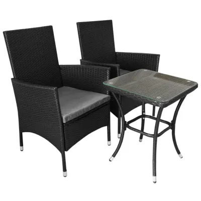 Rattan Bistro Set – Schwarz | 2 Personen, 5 cm Kissen, Glastisch + Regenschutz