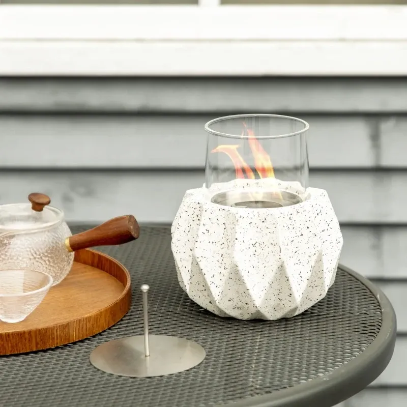 Tischkamin in Steinoptik, Windschutz, Feuerstelle mit Brennkammer, Windlicht, Grau III