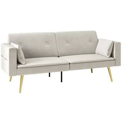 2-Sitzer Bettsofa, Verstellbare Rückenlehne, weiche Kissen, samtartiger Bezug, für Wohnzimmer, Gästezimmer, Beige