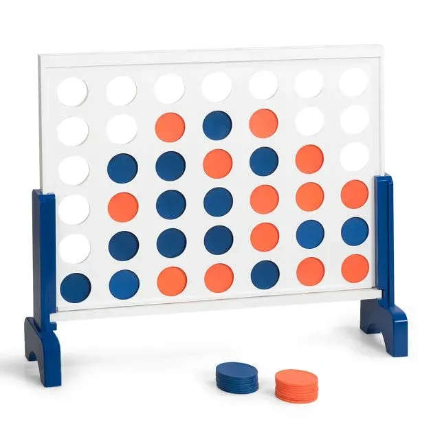 Grosses XL 4 Gewinnt Spielset Holzrahmen inkl. 42 Jumbo Ringen &amp; Schieberegler Weiss + Blau