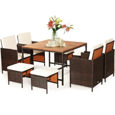 9 TLG. Polyrattan-Garten Esssitzgruppe mit Tisch Essgruppe für bis zu 8 Personen Beige