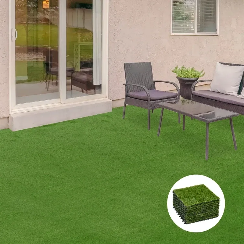 10-er Set je 30x30cm Kunstrasen, naturgetreu, Drainagefunktion, 6,5 K Fasern/m², 25mm Höhe, Grün