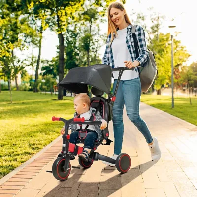 3-in-1 Kinderdreirad, Kinderwagen, Laufrad Schiebegriff, drehbarer Sitz, Dreipunktgurt, Aluminiumrahmen, rot