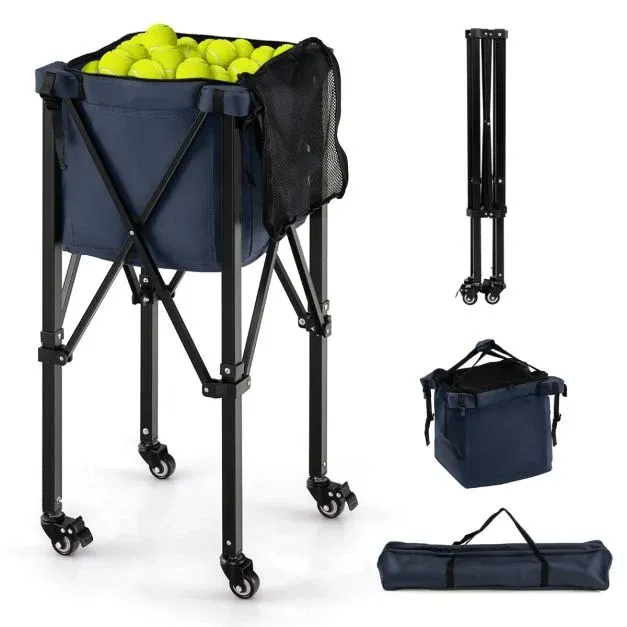 Zusammenklappbarer Tennisballwagen mit Rädern abnehmbaren Taschen Ballwagen für 150 Tennisbälle blau