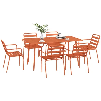 Gartenmöbel Set Garten-Dining-Set 7-teilig mit 1 Tisch und 6 stapelbaren Stühlen aus Stahl in Rot