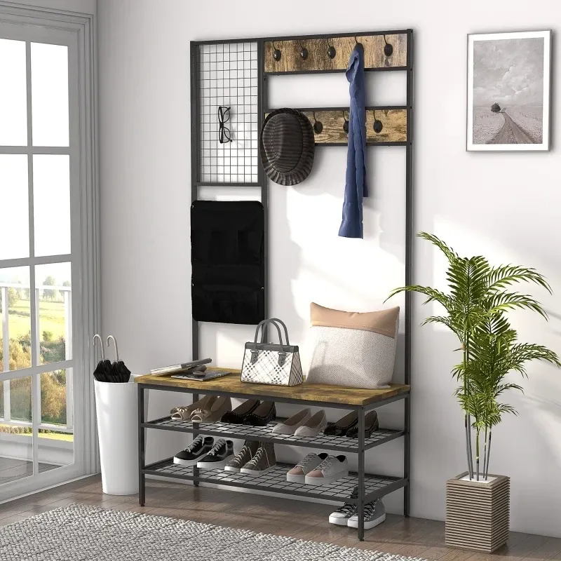 Garderobe im Industriedesign, 1 Memoboard, 1 Schuhbank, 8 Kleiderhaken, 1 Aufbewahrungstasche, Schwarz + Braun
