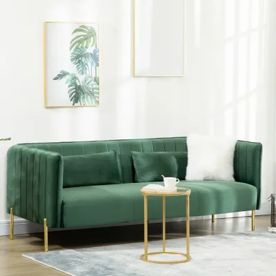 3-Sitzer im Retrodesign, inkl. 2 Sofakissen, Samtoptik, Grün + Gold