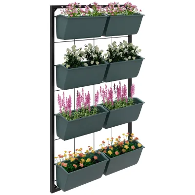 Blumenständer mit Wandhalterung und 8 Blumenkästenkästen, stapelbar, wetterbeständig, Grau + Schwarz