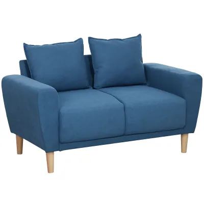 Zweisitzer-Sofa, moderne Stoffcouch, 2 Rückenkissen, Eukalyptus-Holzrahmen, 133 x 73 x 81 cm, Blau