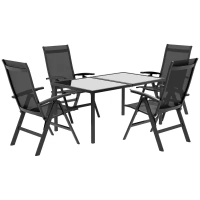 Outdoor Sitzgruppe, 4 klappbare Stühle, Tisch mit Glasplatte, verstellbare Rückenlehne, Aluminium, Dunkelgrau