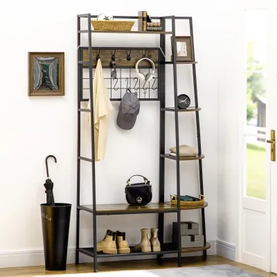 4-in-1 Garderobe im Industrie-Design, Schuhbank, 5 Regale, Schuhablage, Kleiderhaken,