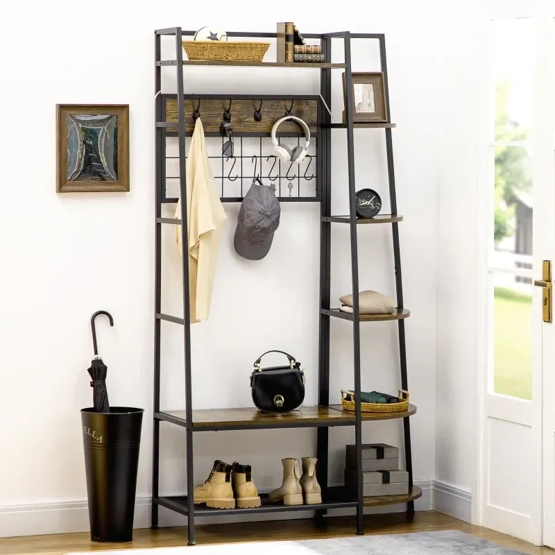 4-in-1 Garderobe im Industrie-Design, Schuhbank, 5 Regale, Schuhablage, Kleiderhaken,