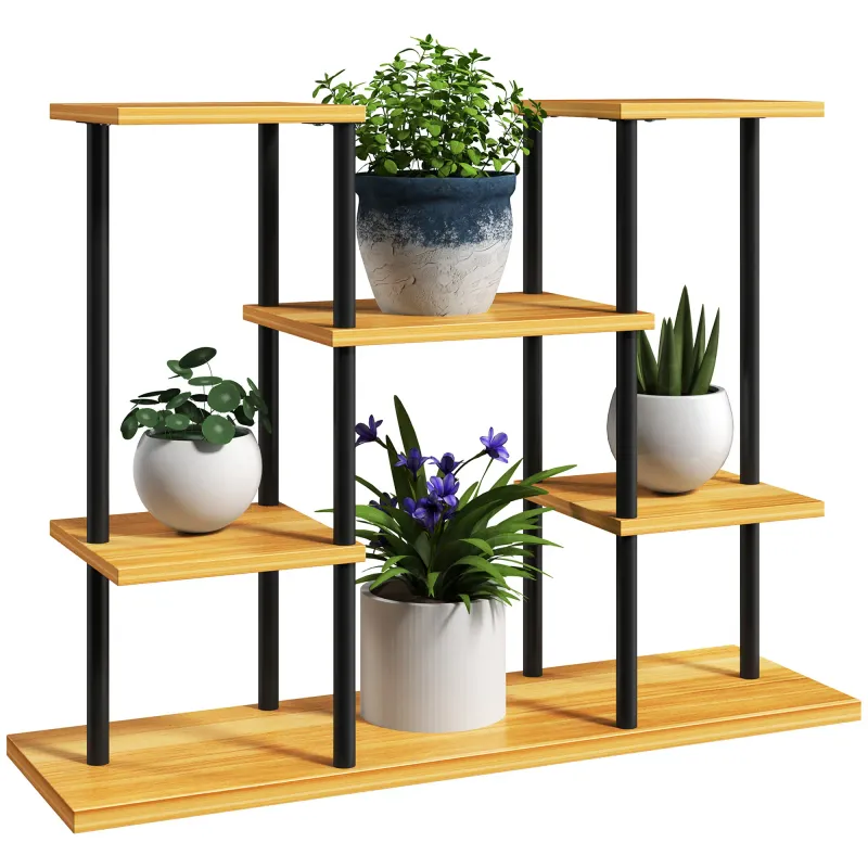 6-stufiges Pflanzenregal, Stahlrahmen und massive Holzbasis 80 x 24 x 61,5 cm Naturholz