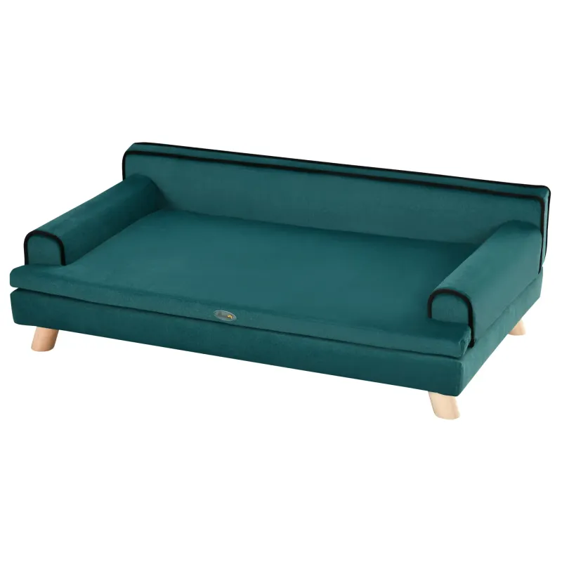 Hundebett, Hundesofa, skandinavisches Design mit abnehmbarem flauschigem Kissen massive Holzbeine 100 x 62 x 32 cm Entenblau