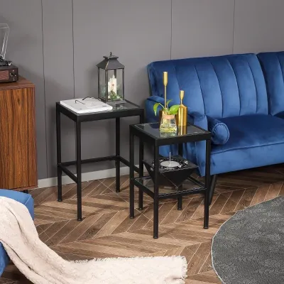 2er-Set Beistelltische, stapelbar, 1 Ablage, Glastisch, Couchtisch, Schwarz