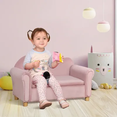 Kindersofa, Zweisitzer für Kinder 3-5 Jahre, Stauraum, Naturholzrahmen, rosa