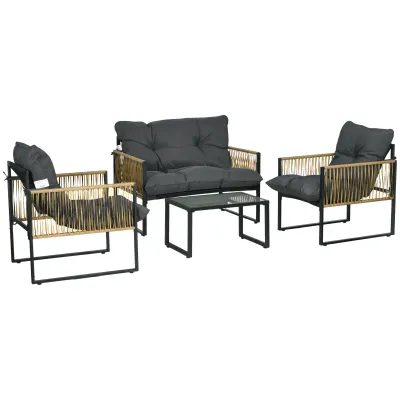 4-teiliges Rattan-Gartenmöbelset, 2-Sitzer-Sofa, 2 Sessel und 1 Couchtisch mit gehärteter Glasplatte, 3 Kissen - Grau