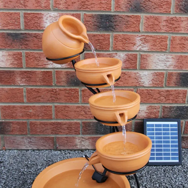 Kaskadenbrunnen Solar mit Akku – Terracotta, Harz, 56x44x50cm, 7m Kabel