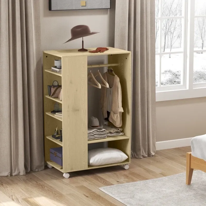 Mobile Garderobe, Garderobenständer, 1 Kleiderstange, 5 Regale, 1 Schuhablage, 4 Rollen, Natur