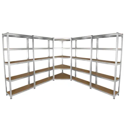 Set: Galwix Eckregal + 4 x 90 cm Werkstattregale – galvanisierter Stahl, schraubenlos, MDF‑Böden