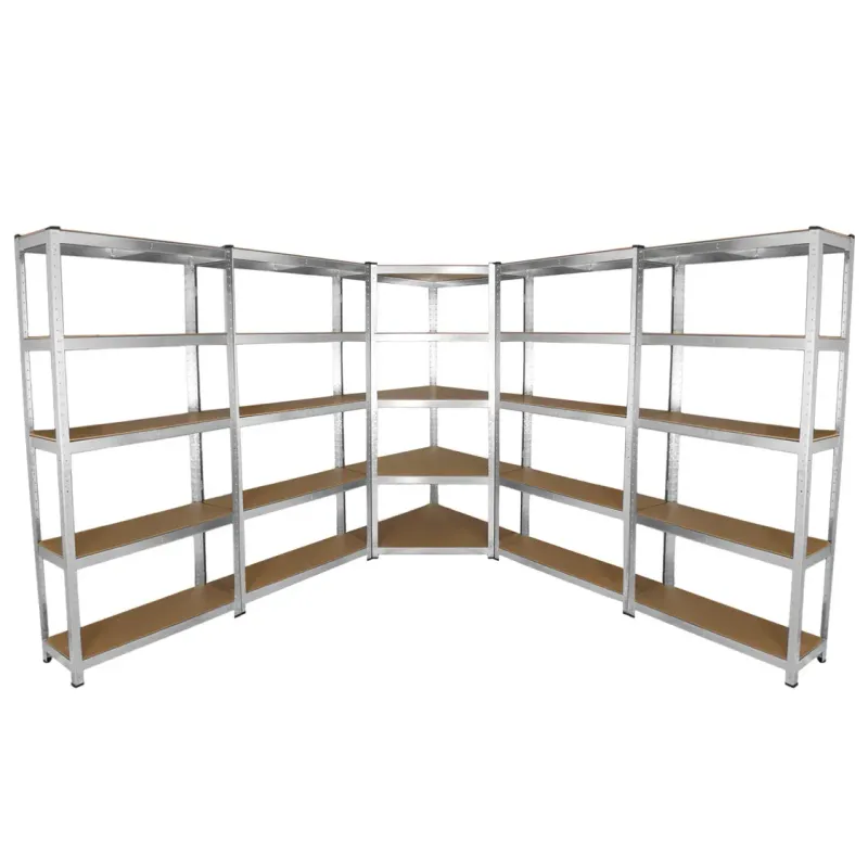 Set: Galwix Eckregal + 4 x 90 cm Werkstattregale – galvanisierter Stahl, schraubenlos, MDF‑Böden