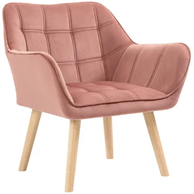 Polstersessel, Akzentsessel, Skandi Design, Samtoptik, bis 120 kg, Kautschukholzbeine, Rosa